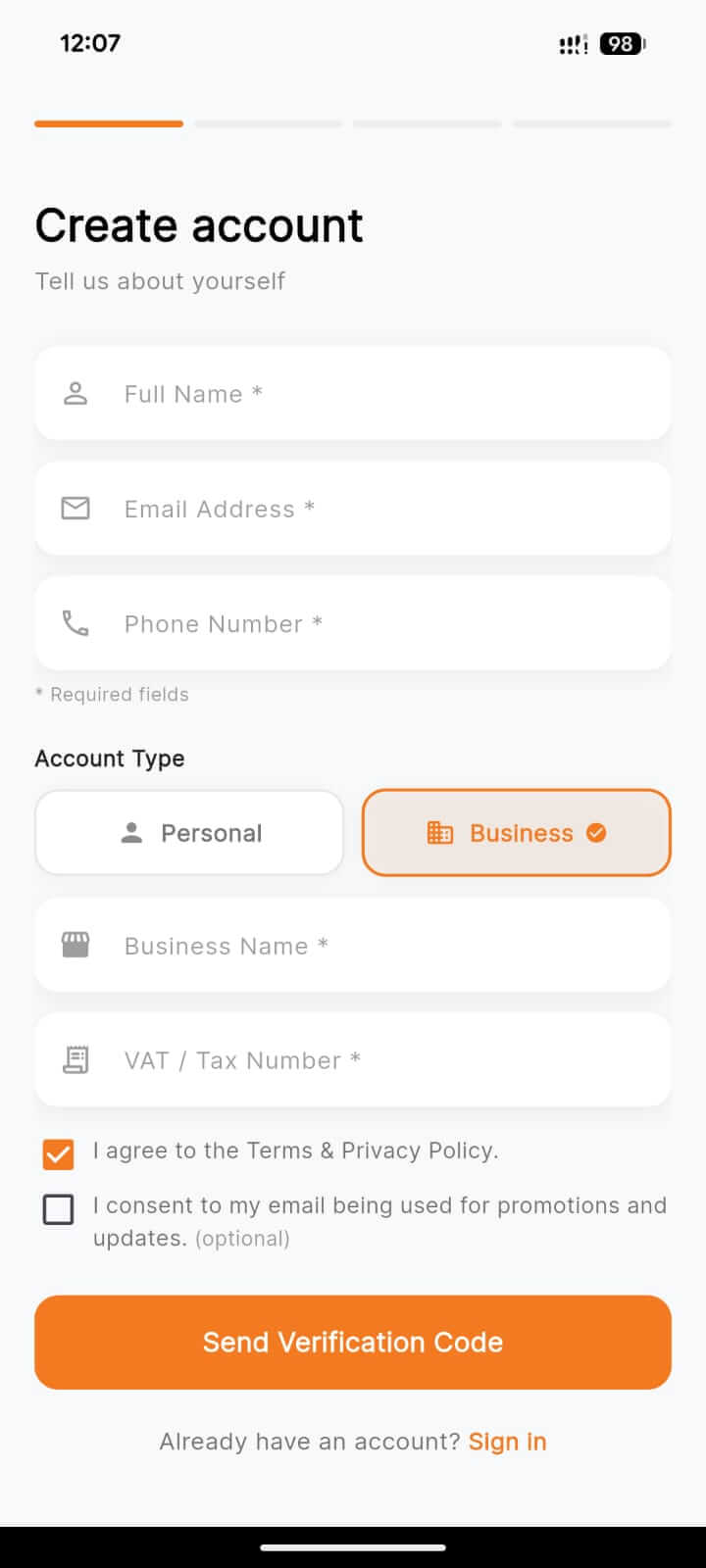 PowerCabs app screen for booking a business ride