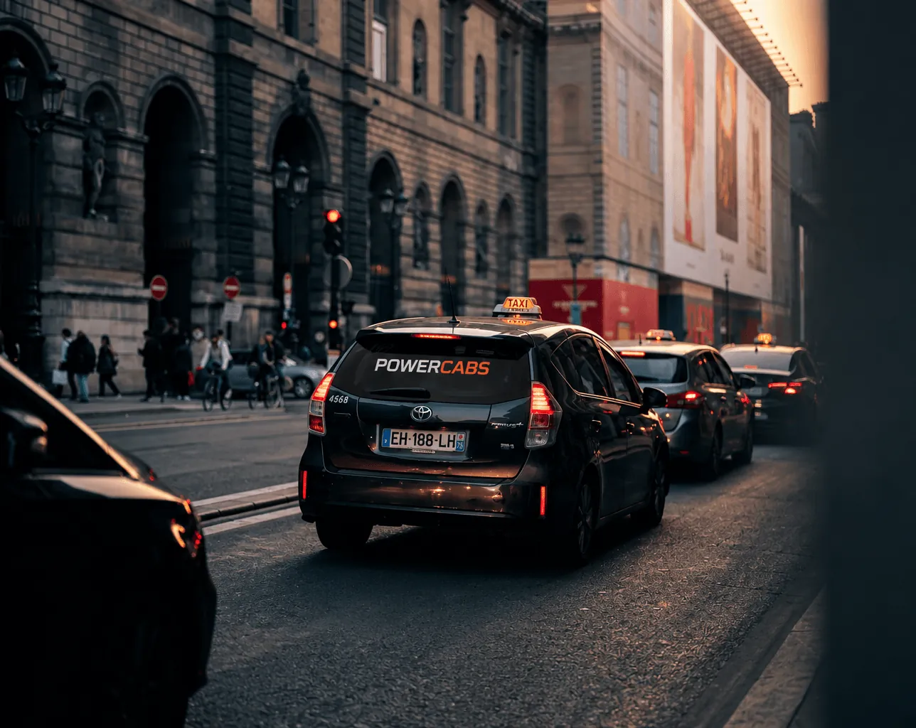 A happy PowerCabs driver at the wheel of her taxi at night