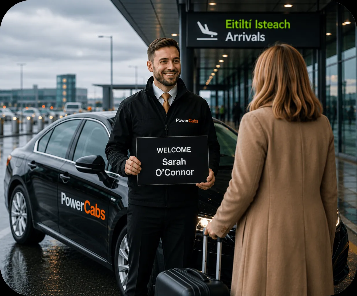 A PowerCabs Meet and Greet host welcoming a business traveller at Dublin Airport