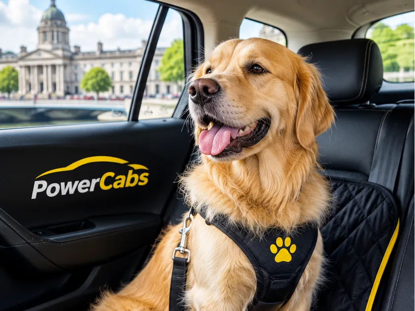 A golden retriever in a travel harness sitting on a protective seat cover in the back of a PowerCabs taxi