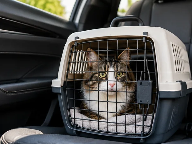 A tabby cat resting in a secure pet carrier strapped onto the back seat of a taxi