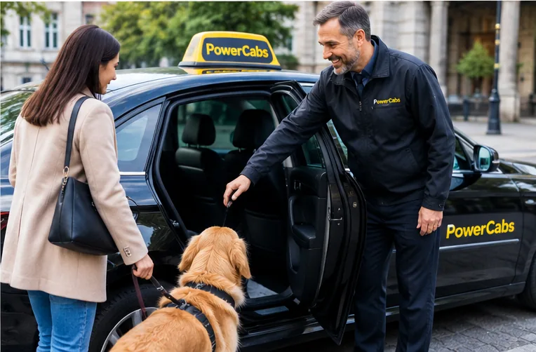 A PowerCabs driver holding the rear door open for a passenger and her golden retriever beside a PowerCabs taxi with its roof sign