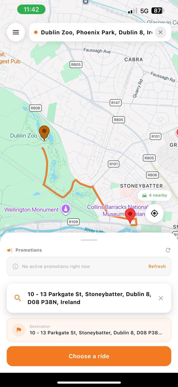 PowerCabs app screen for entering pickup and drop-off details