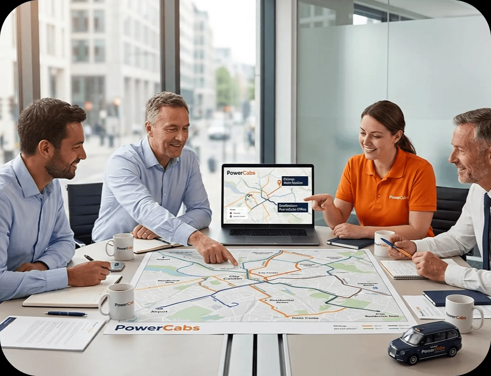 A PowerCabs account manager reviewing a city route plan with a business team